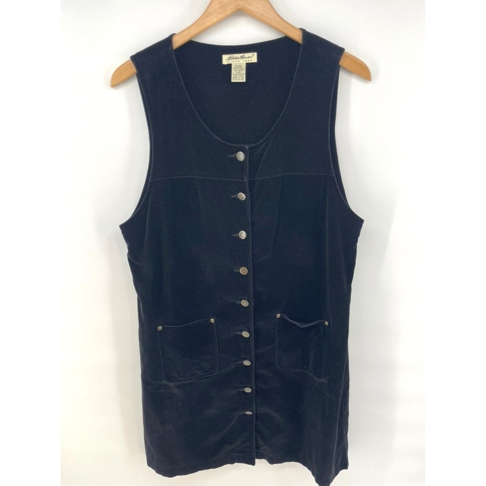Vintage Eddie Bauer Velvet Jumper Dress Women L Dark Cottage Modest Button Front